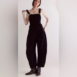 NWOT Free People We the Free Good Luck Black Barrel Corduroy Overalls